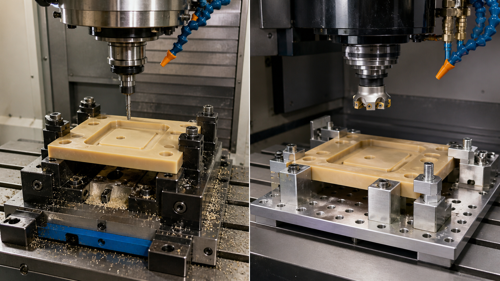 Split view of two different CNC machining setups with unique tooling and fixtures for the same PEI part.