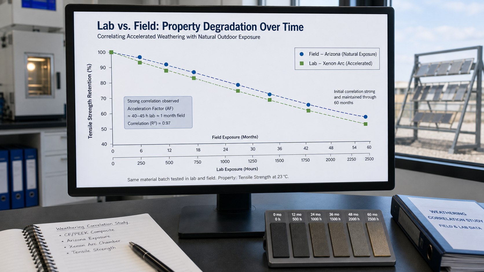 Correlating Lab and Field Data for Accurate Predictions A data graph on a monitor comparing laboratory test results with real-world field exposure data over time