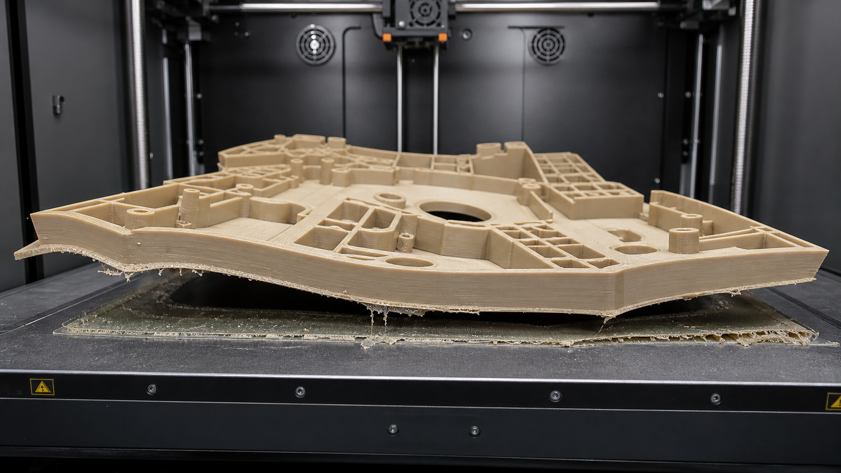 A large, complex PEEK component showing significant warping and lifting from the 3D printer build plate.