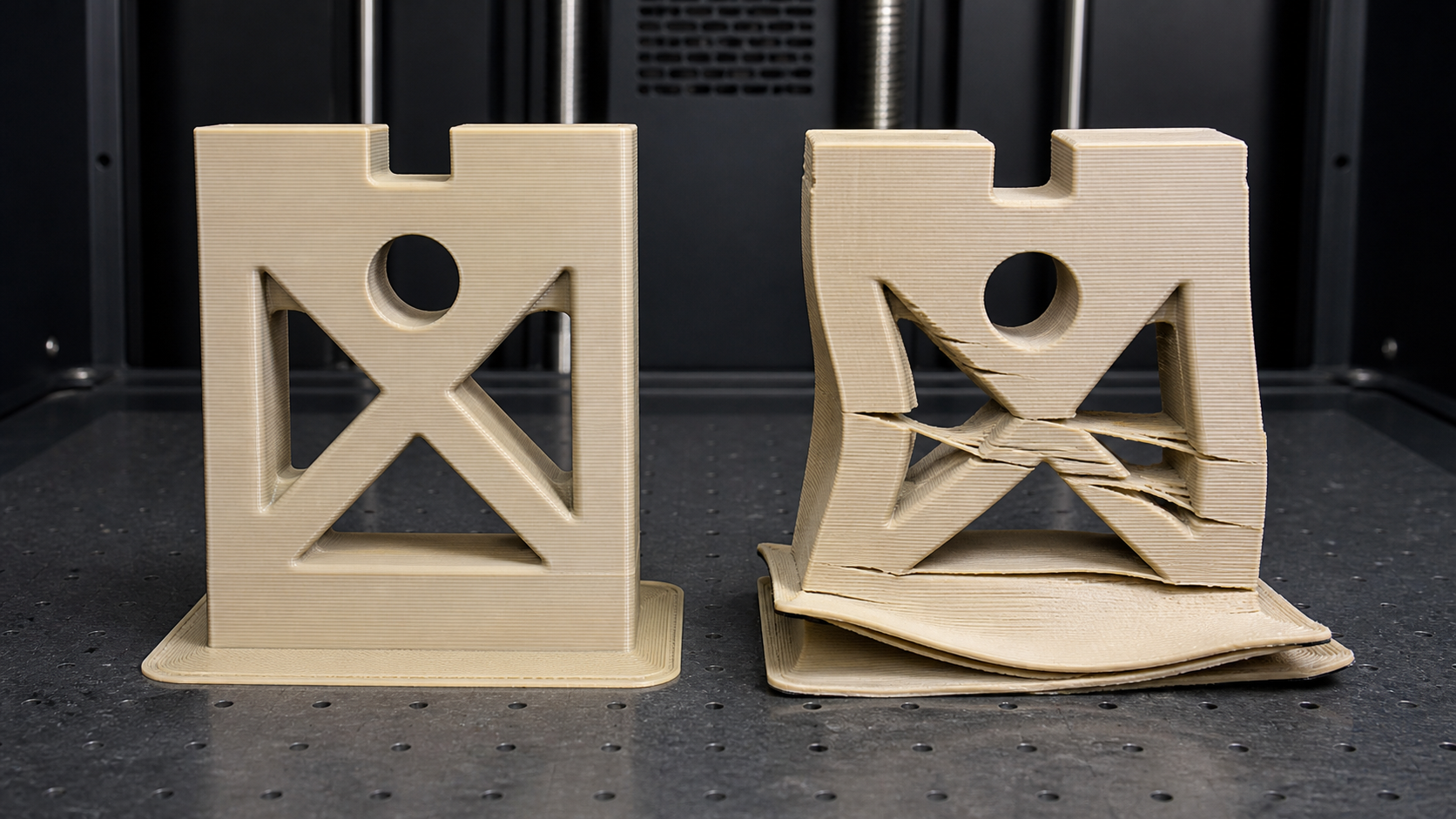 Two identical PEEK test prints side-by-side, one perfectly formed and the other severely warped and delaminated.