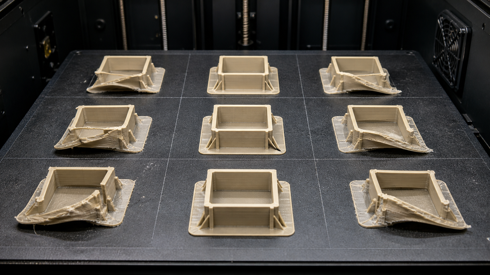 A 3D printer's build plate covered with multiple identical test parts, showing successful prints in the center and failed prints near the edges.