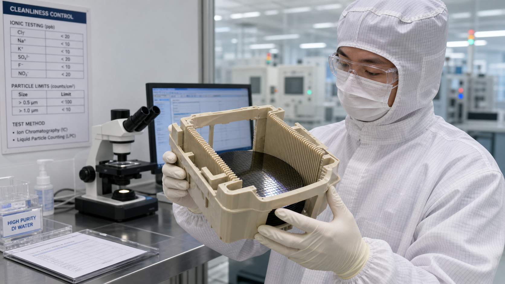 Specifying contamination control for semiconductor polymer components A technician in a cleanroom lab holding a high-performance polymer wafer carrier for inspection