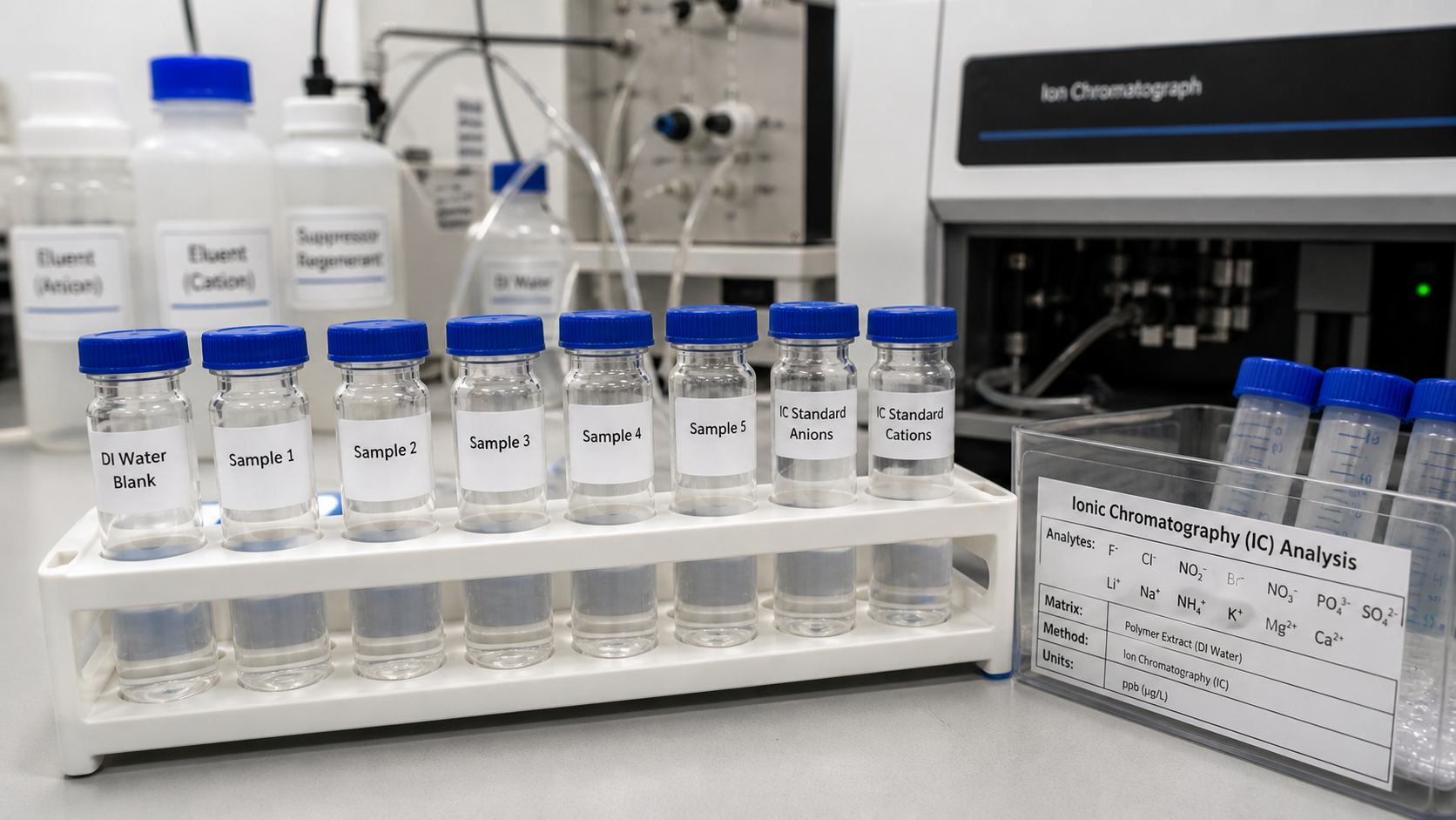 Testing for specific ionic species in polymers Close-up of a laboratory test setup with vials prepared for ionic chromatography analysis