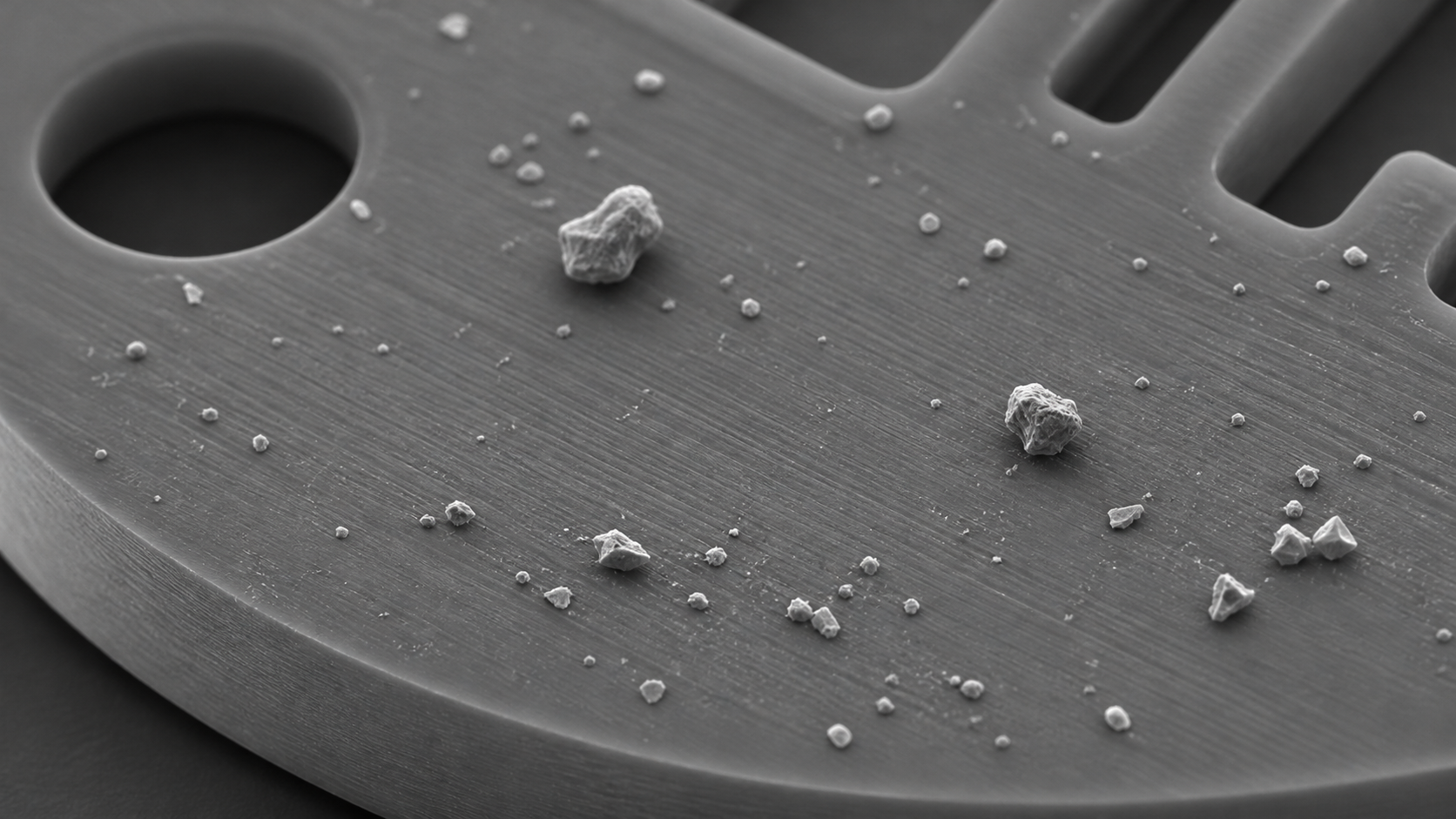 Defining particle size limits on component surfaces A scanning electron microscope image showing microscopic particles on a polymer component surface