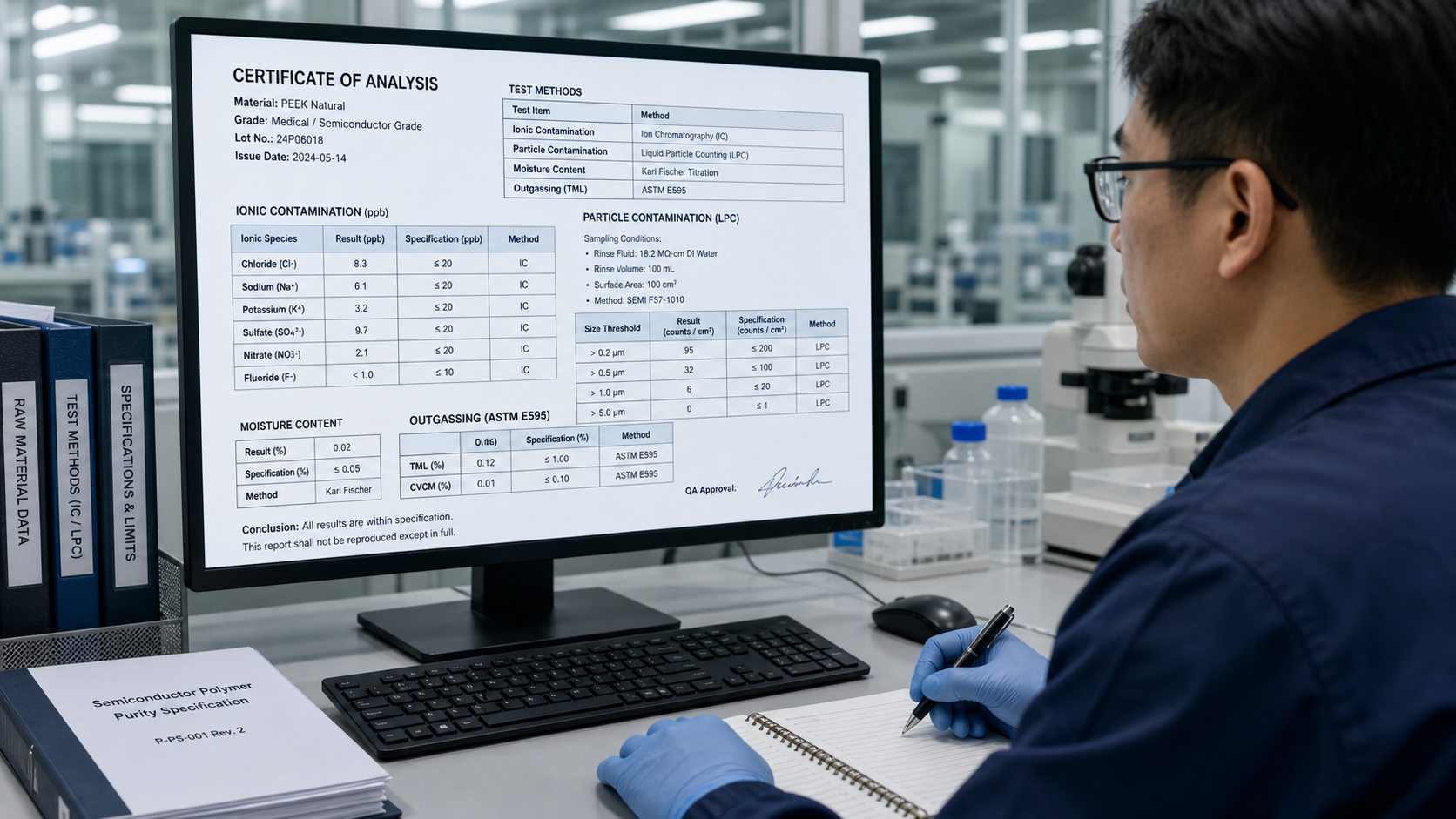 Agreeing on test methods for compliance verification A quality control engineer reviewing a detailed certificate of analysis document on a computer screen