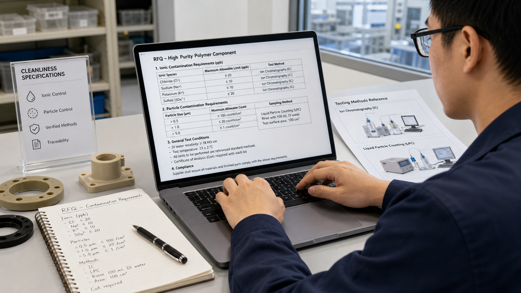 Putting clear contamination requirements into the RFQ An engineer writing detailed technical specifications for a polymer component RFQ on their laptop