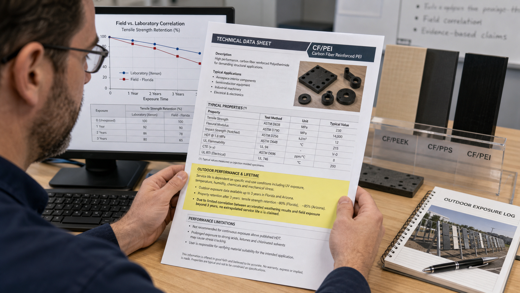 Making Responsible, Evidence-Based Lifetime Claims for Materials An engineer reviewing a technical data sheet with a highlighted section on material lifetime and performance limitations