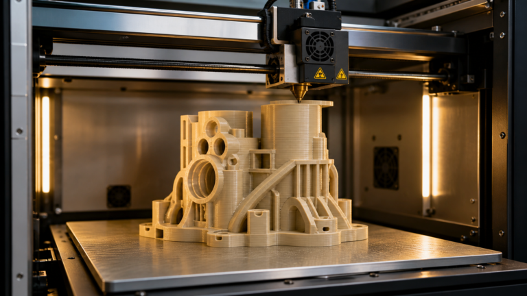 A 3D printer with a heated chamber is fabricating a complex beige PEEK component layer by layer