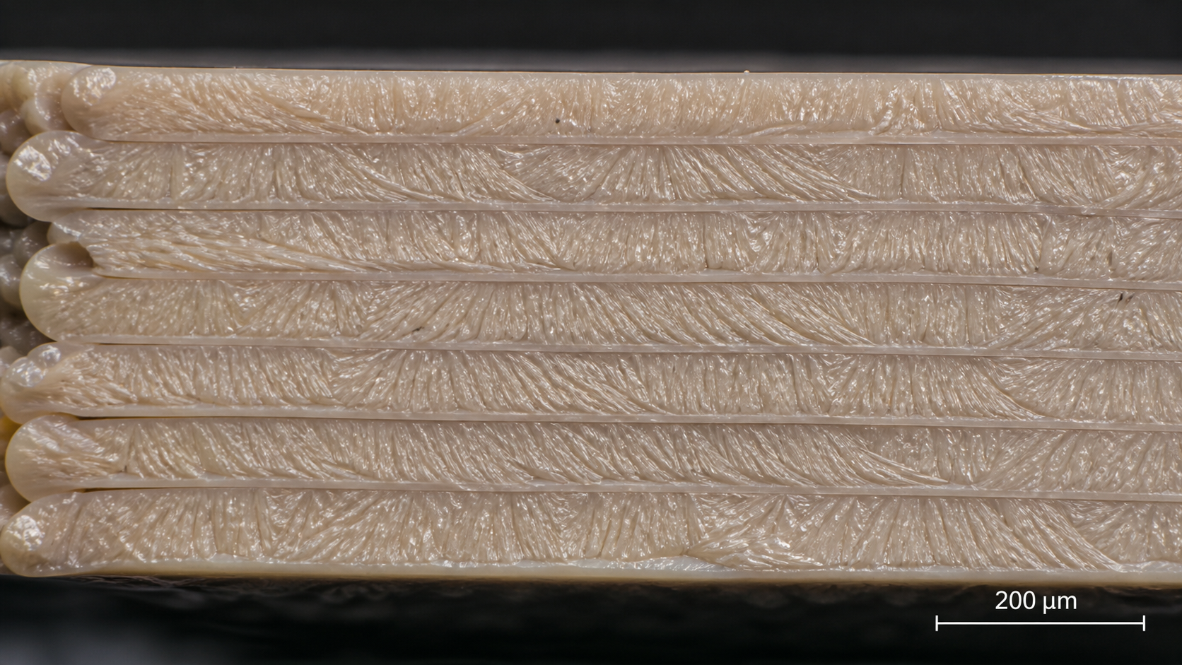 Visualizing Polymer Structure During In-Build Crystallization A microscopic cross-section view showing well-fused layers of a 3D printed PEEK part crystallized during the build