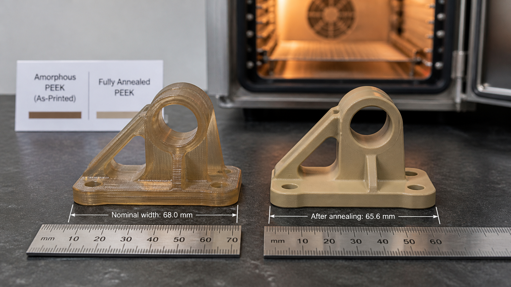 Assessing PEEK Part Changes After Post-Treatment Annealing An amorphous translucent PEEK part next to a fully annealed opaque tan PEEK part showing dimensional changes