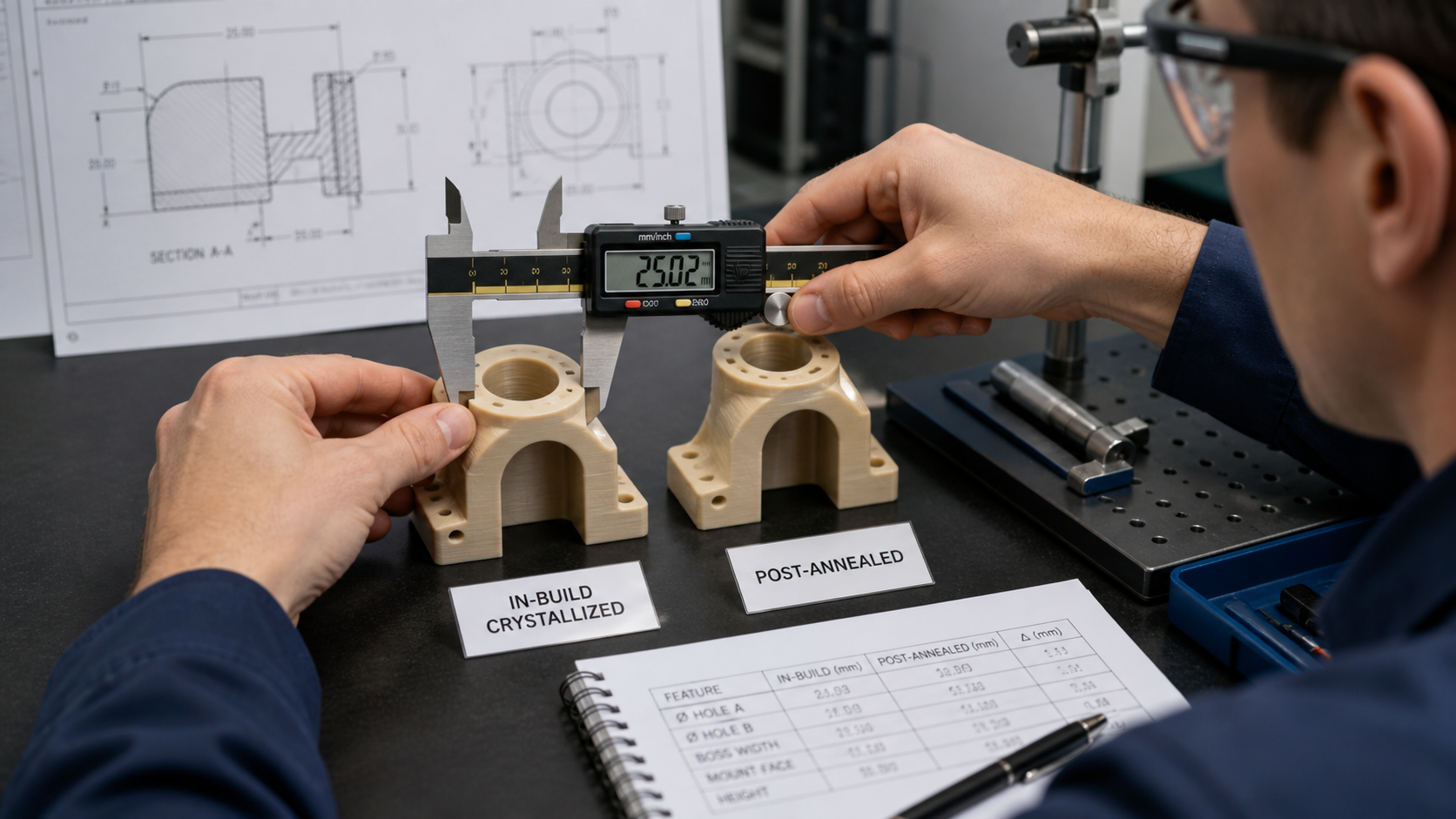 Comparative Dimensional Testing of Matched PEEK Parts An engineer using digital calipers to measure the critical dimensions of two PEEK parts made by different methods