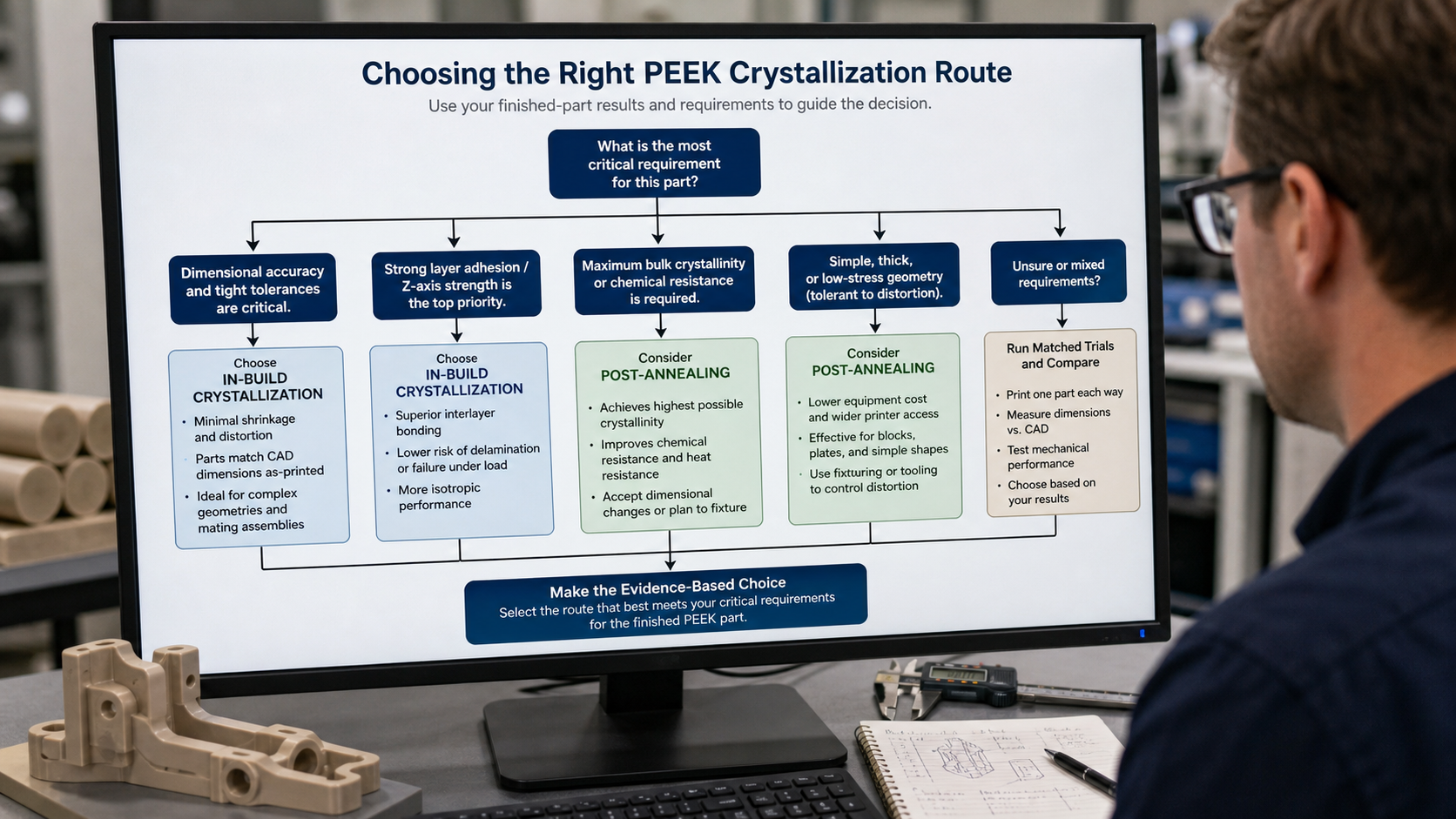 Making an Evidence-Based Choice for Your PEEK Part A flowchart on a screen helping an engineer decide between in-build crystallization and post-annealing based on part requirements