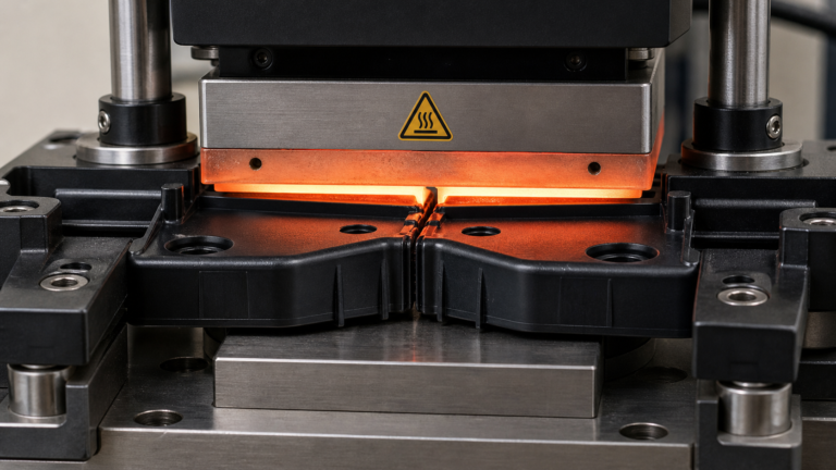 A close-up view of a hot-plate welding machine joining two black PPS plastic parts
