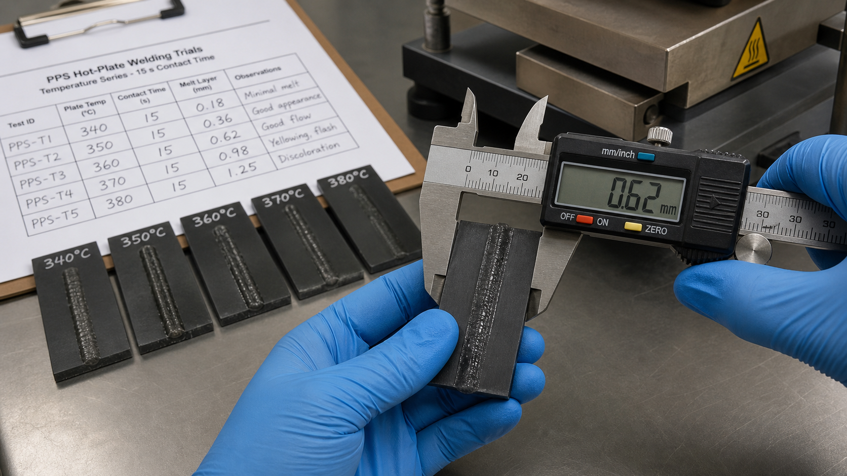 Measuring Thermal Exposure in PPS Welding Trials An engineer measuring the melt layer on a PPS sample after it made contact with a hot plate