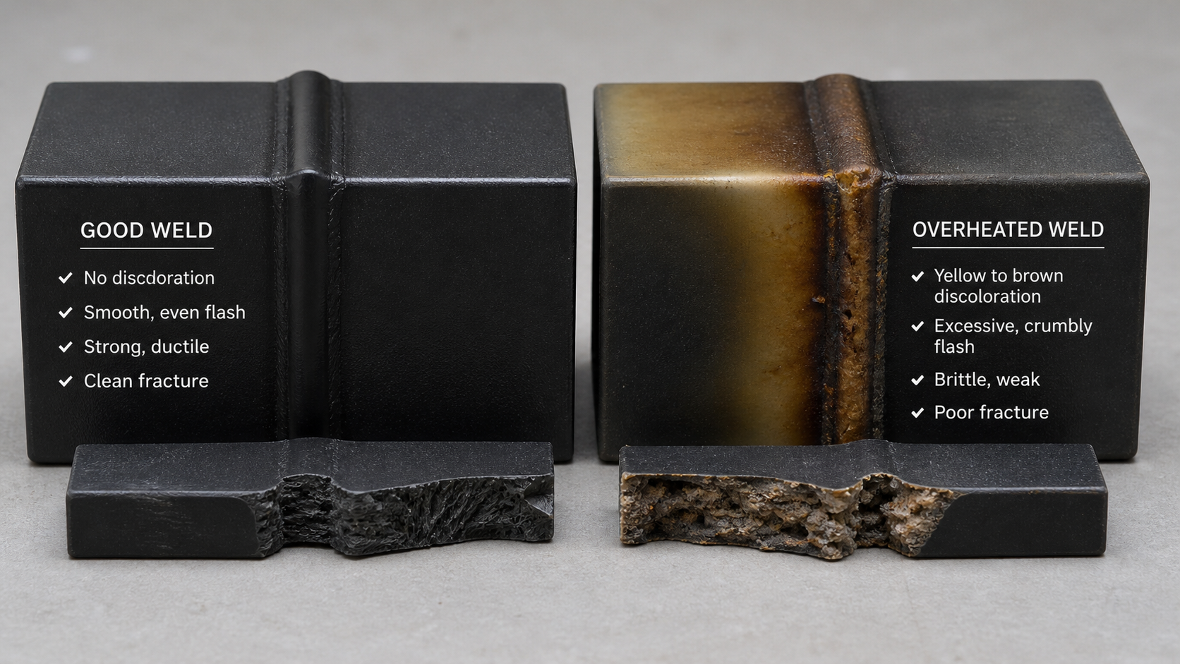 Identifying Thermal Damage in Welded PPS A side-by-side comparison of a clean, strong PPS weld and a discolored, overheated, and brittle one