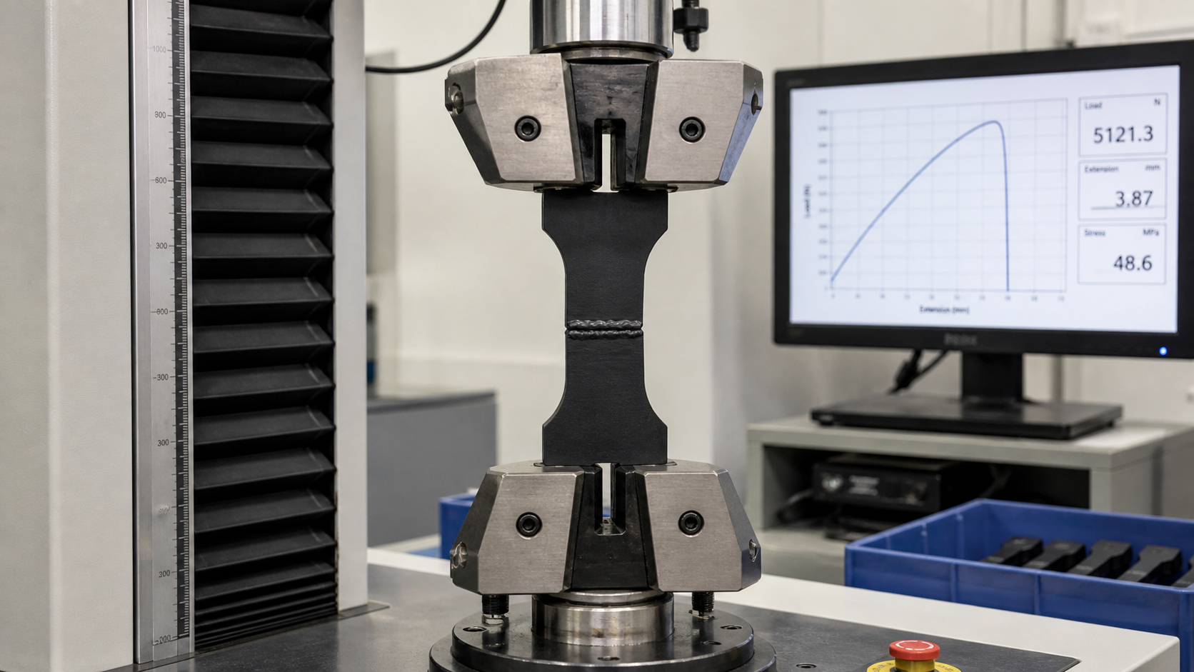 Mechanical Testing to Validate PPS Weld Strength A tensile testing machine in a lab pulling apart a welded PPS sample to measure its ultimate break strength