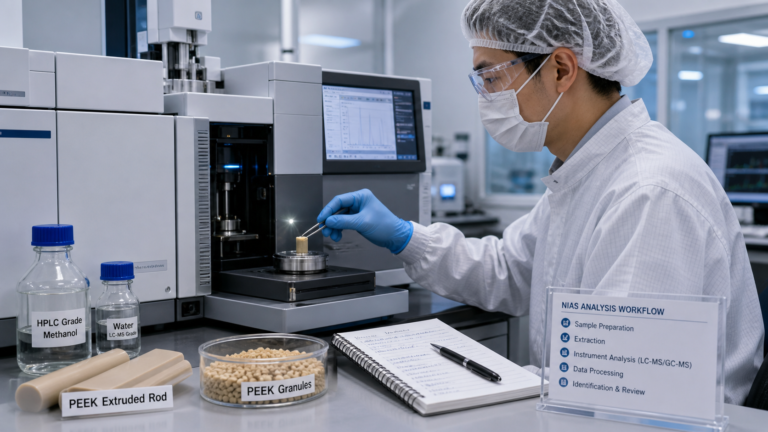 A laboratory scientist precisely analyzing a high-performance polymer sample with analytical equipment in a cleanroom.