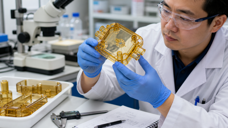 A laboratory technician examining a finished medical device component made from transparent amber-colored PPSU polymer.