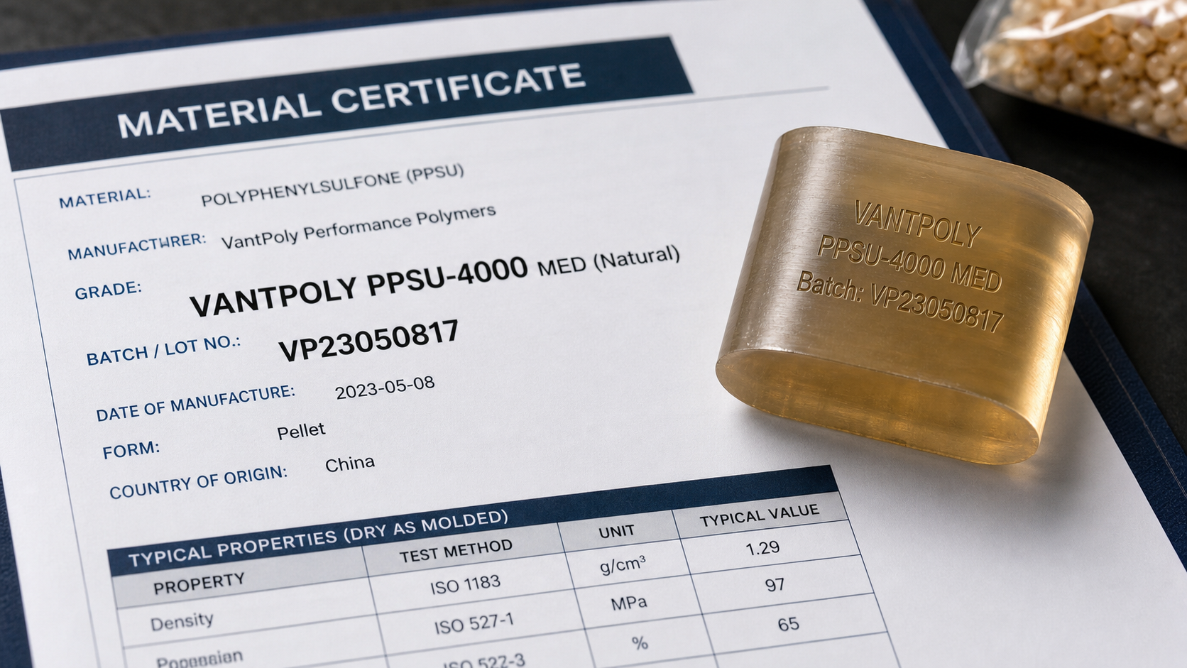 Close-up of a material certificate showing a specific PPSU grade name and batch number next to a raw polymer pellet.