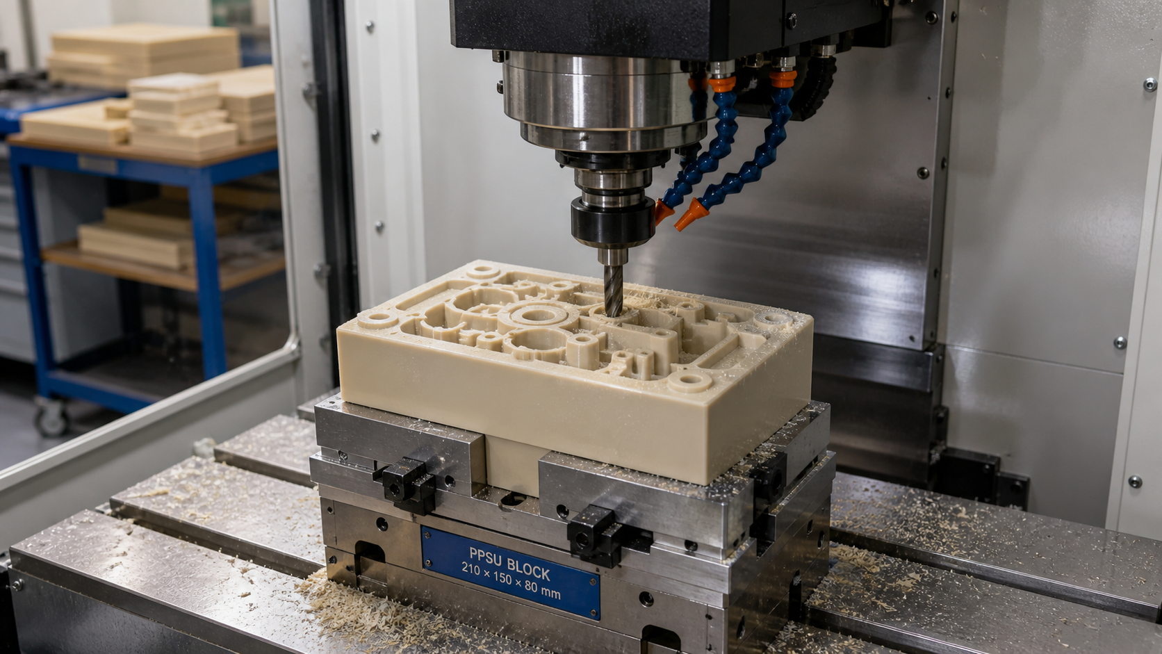 A CNC machine precisely cutting a complex component from a solid block of PPSU material in a clean workshop.