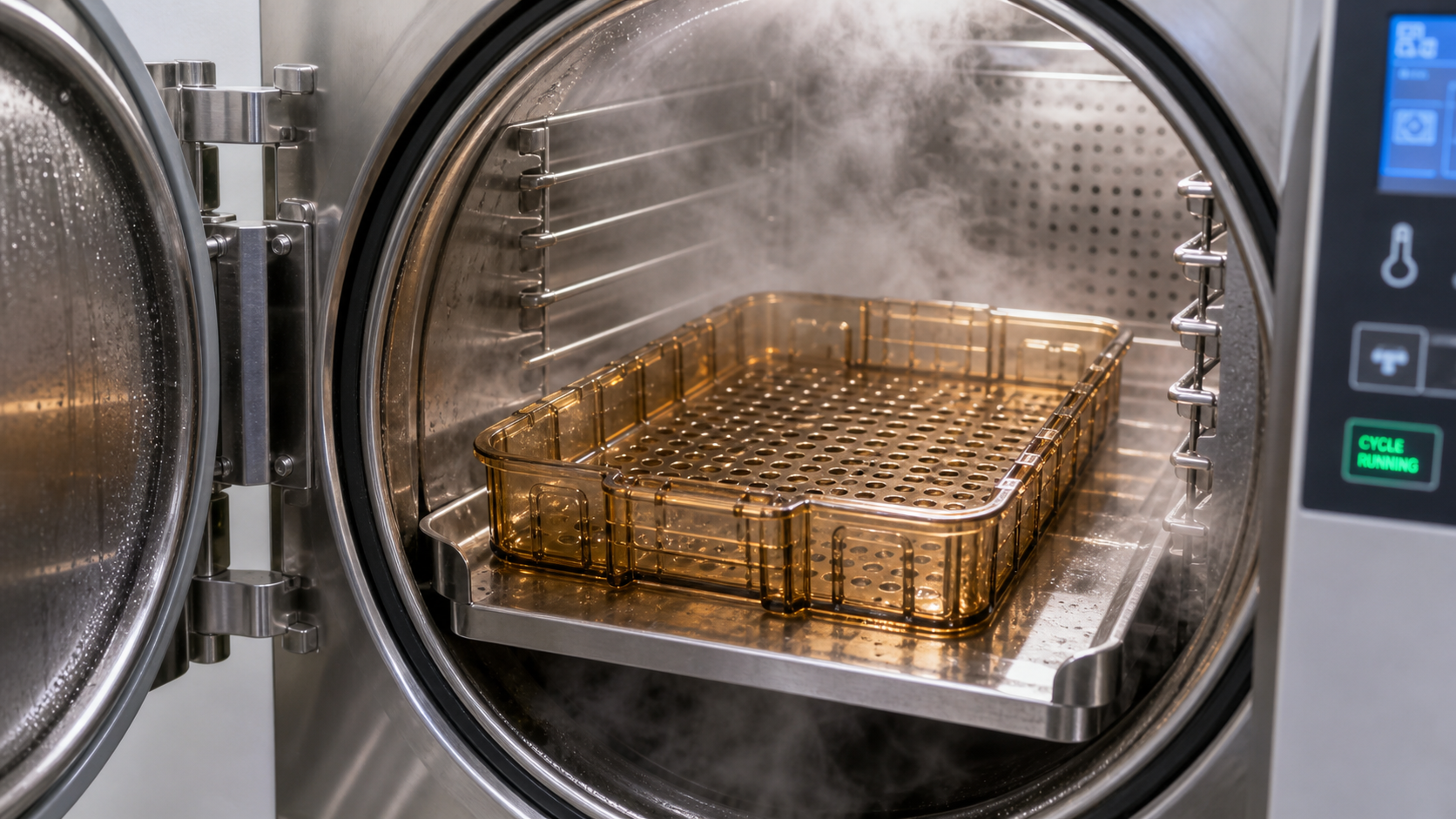 A finished PPSU medical tray inside an autoclave with steam, simulating a real-world sterilization cycle.
