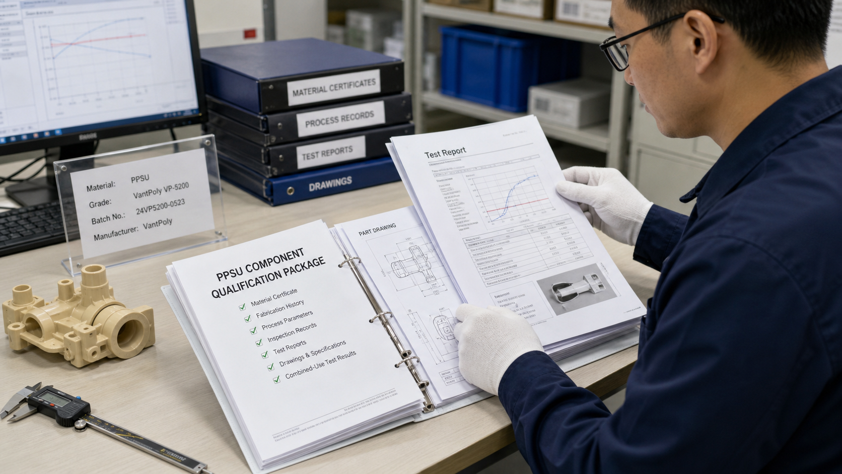 A quality control inspector compiling a documentation package with test reports and part drawings for a PPSU component.