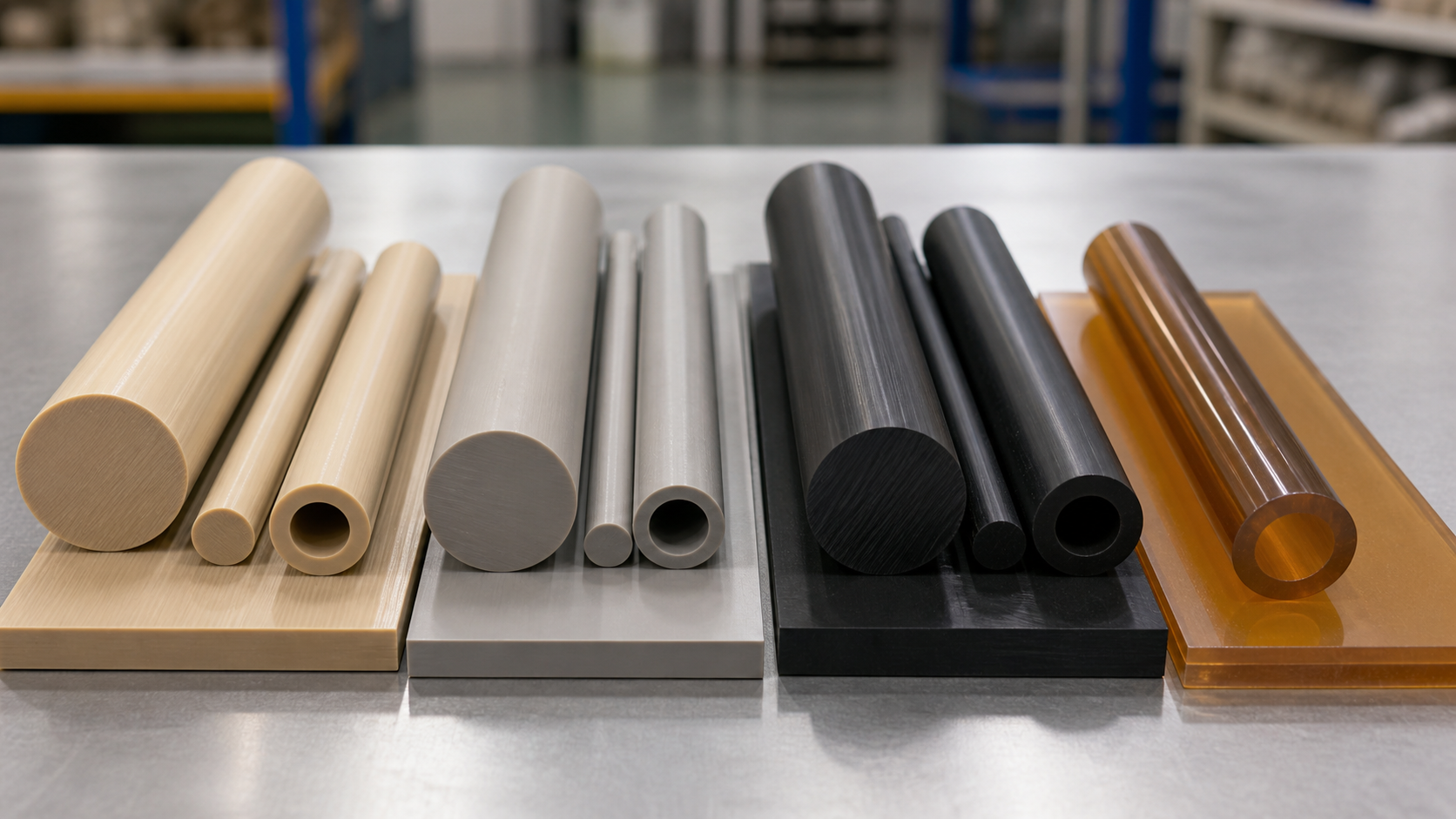 Comparing Different PEEK-Based Systems Side-by-side comparison of different PEEK semi-finished products, showing variations in color and texture.