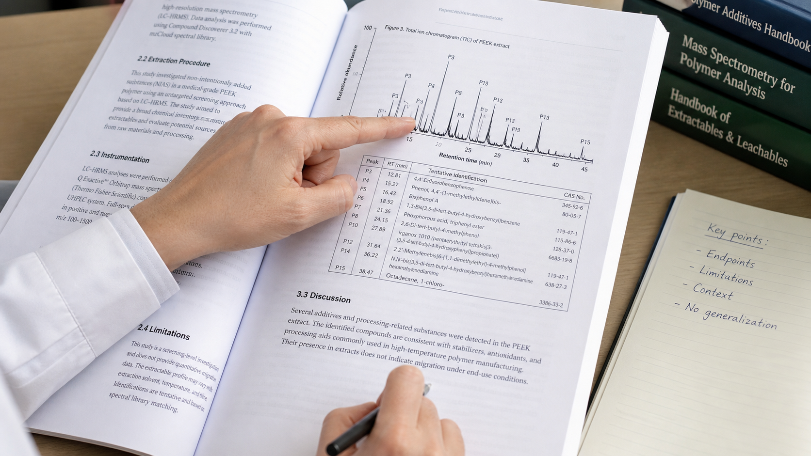 Understanding Research Endpoints and Limitations A researcher's hands pointing to a specific chart within a scientific journal about polymer analysis.