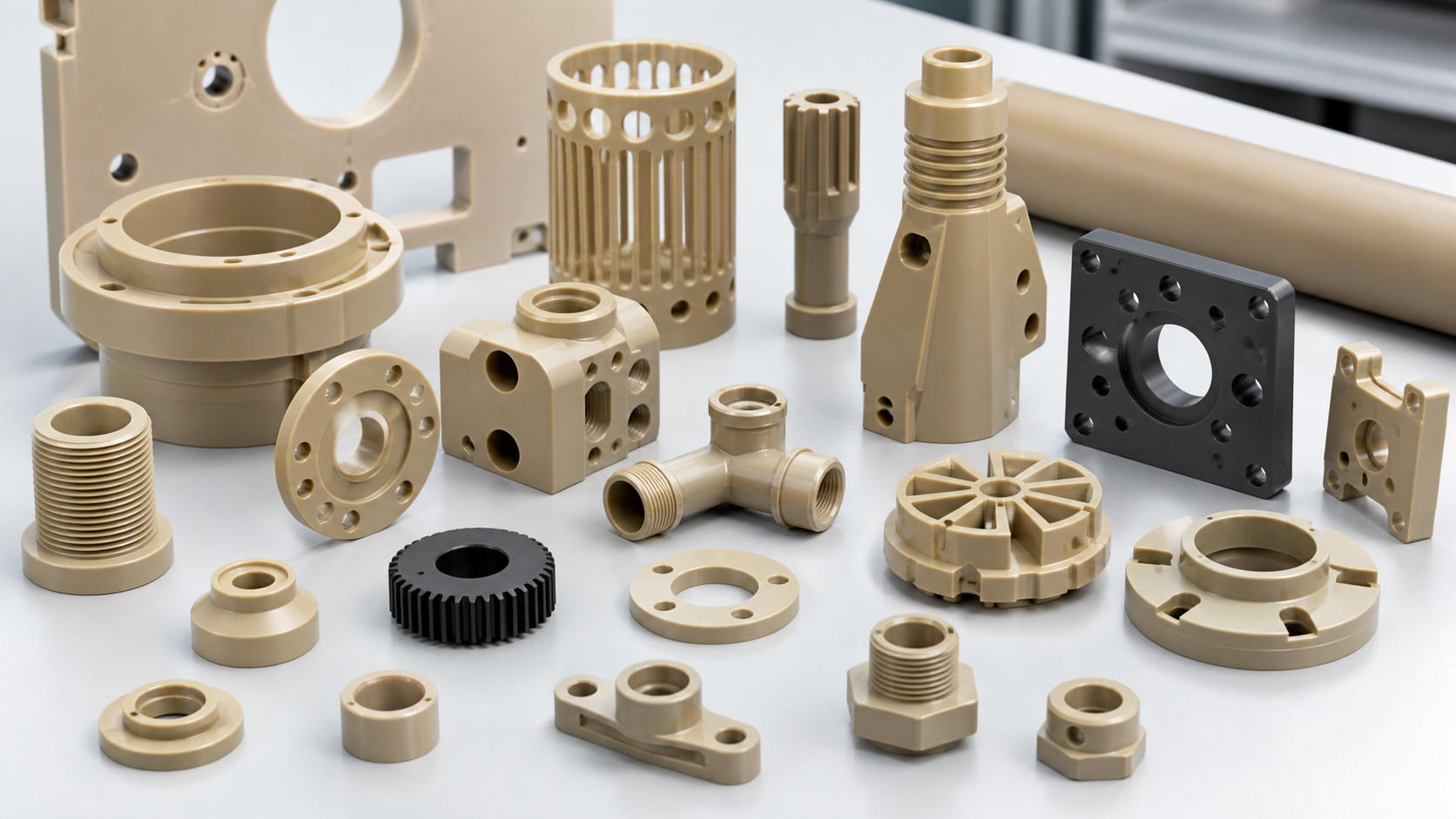 The Diversity of Untested PEEK Products A diverse collection of custom-machined PEEK components in various shapes and sizes for different industries.