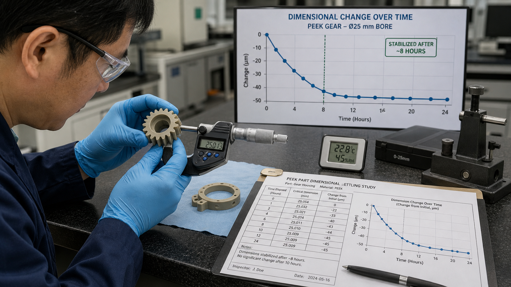 A technician uses a micrometer to measure a PEEK gear, with a chart showing dimensional changes over time nearby.