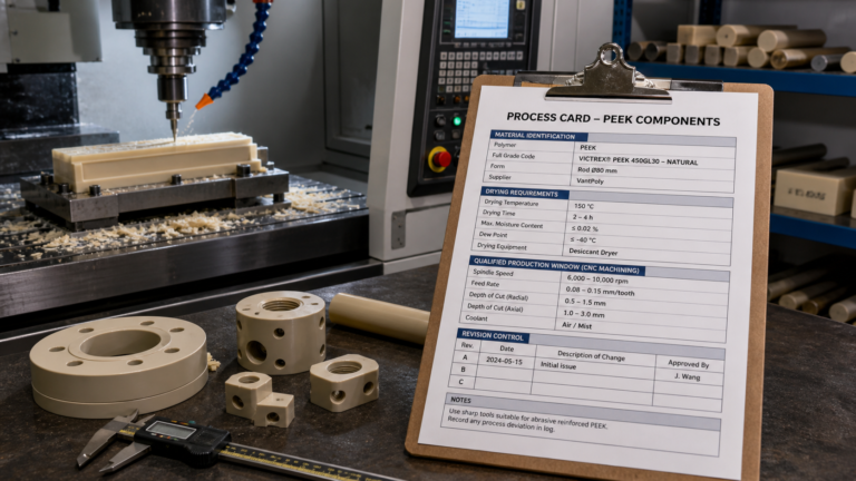 A detailed process card for PEEK polymer components on a clipboard next to a CNC machine