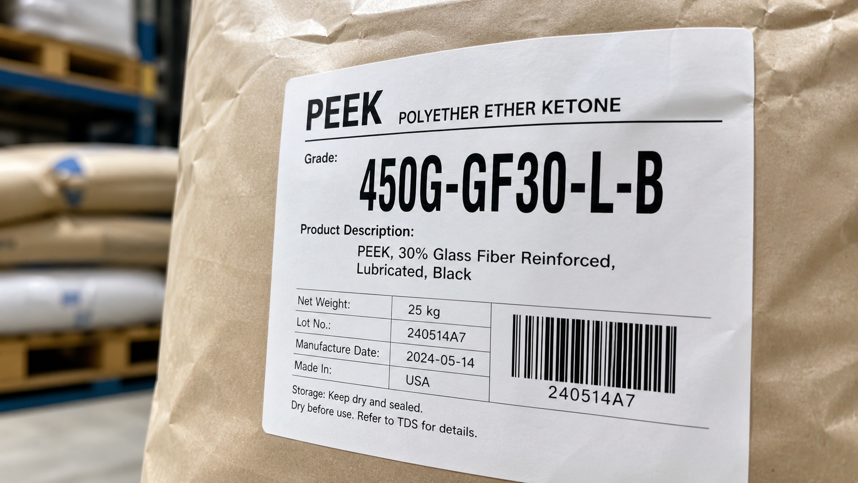 Close-up of a polymer resin bag label showing the full alphanumeric grade code