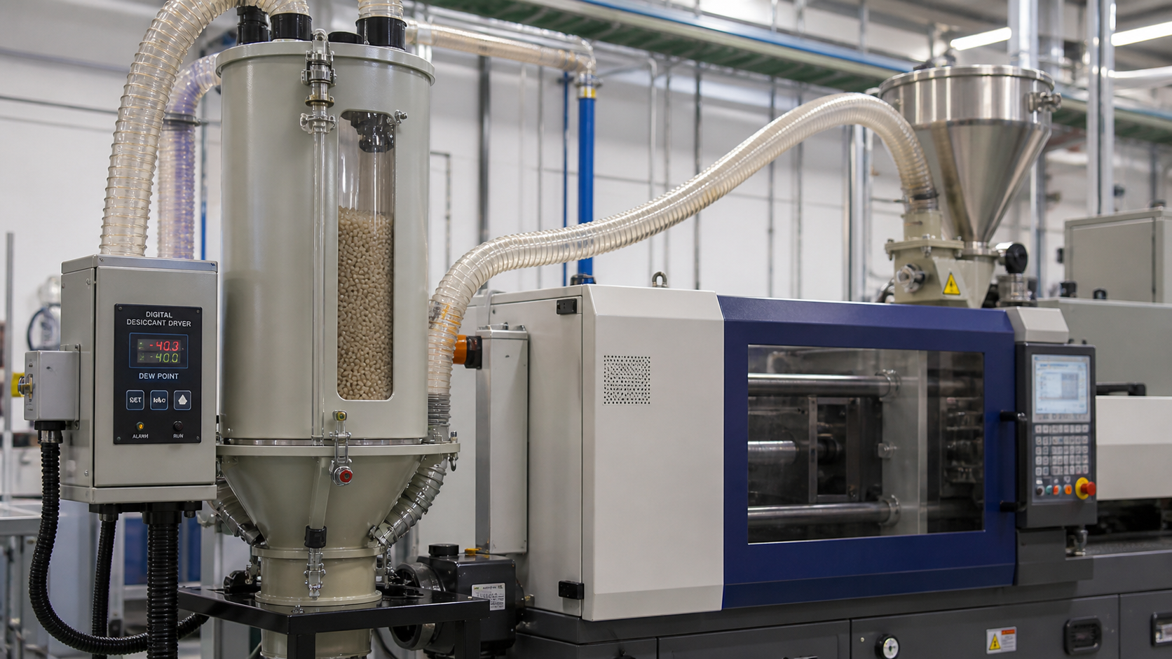 An industrial polymer desiccant dryer with clear tubes feeding PEEK pellets into an injection molding machine