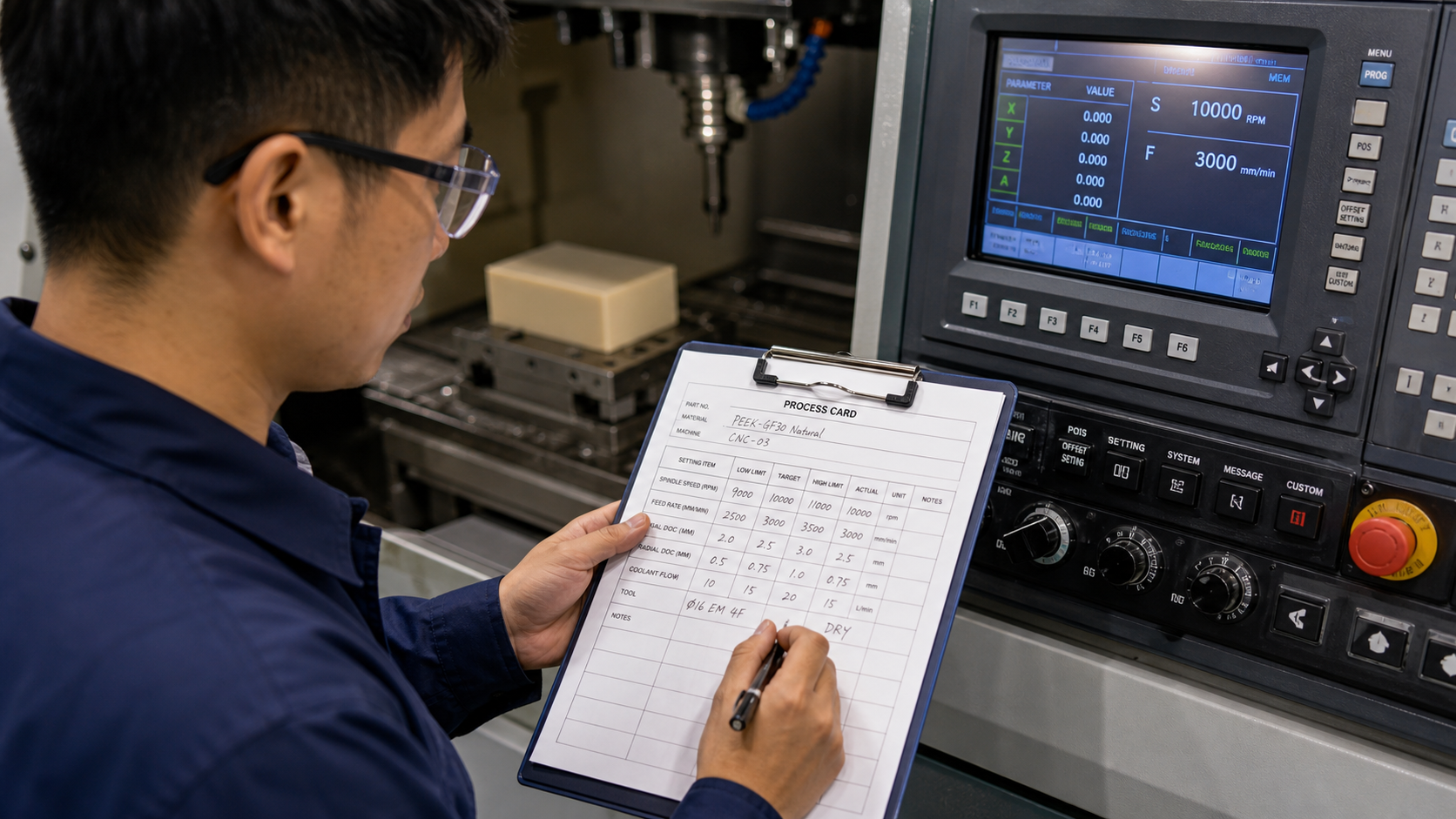A technician carefully records settings from the control panel of a CNC machine onto a process card