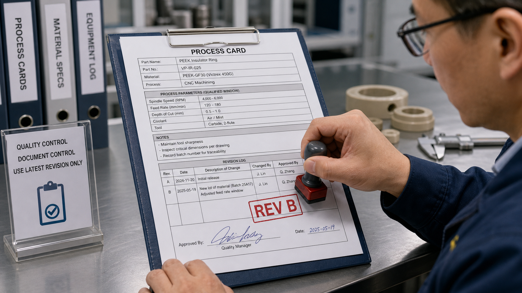 A quality manager stamps REV B on a process card and signs it, indicating a controlled update