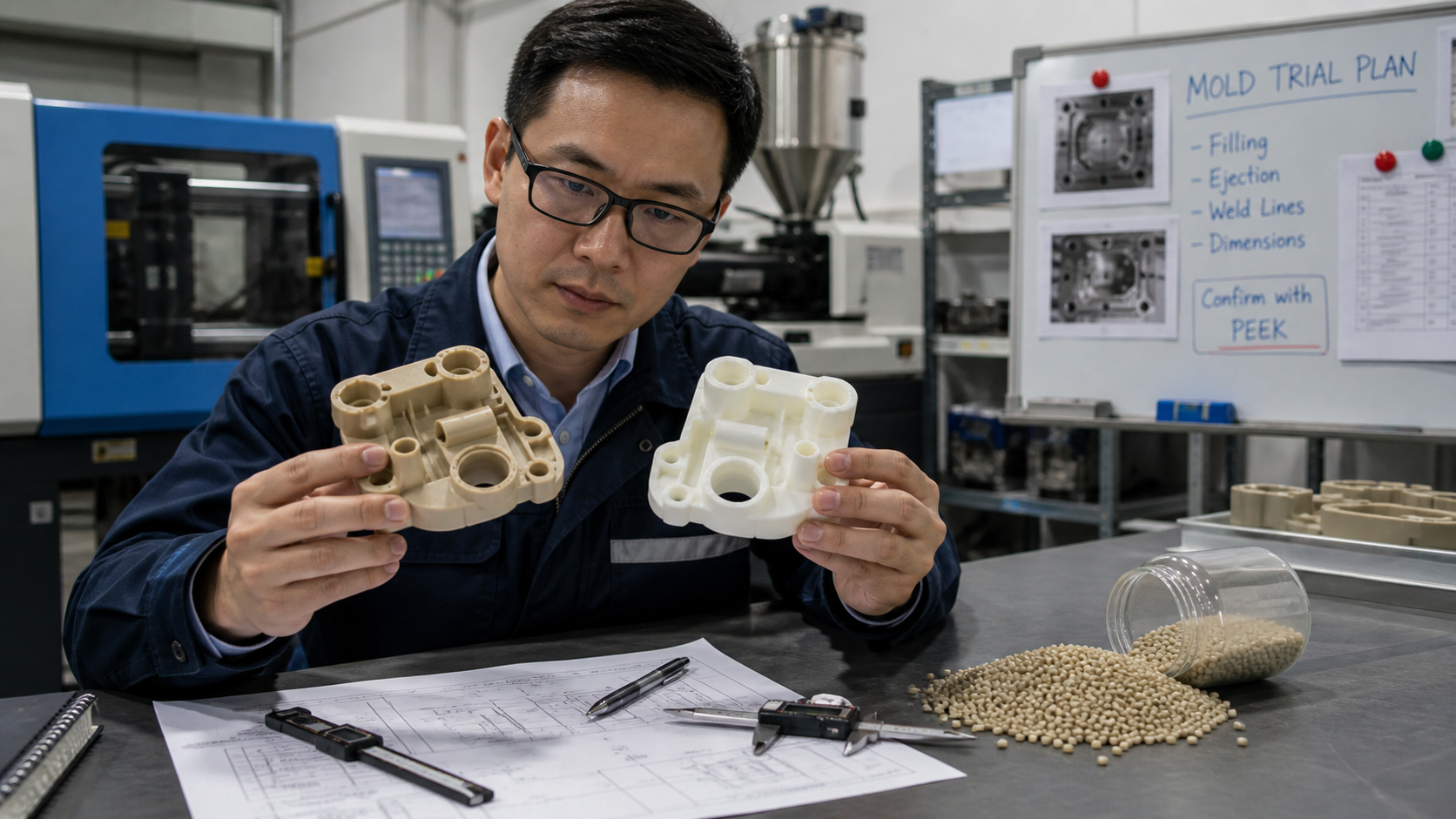 A process engineer comparing a tan PEEK component with a white surrogate resin part.
