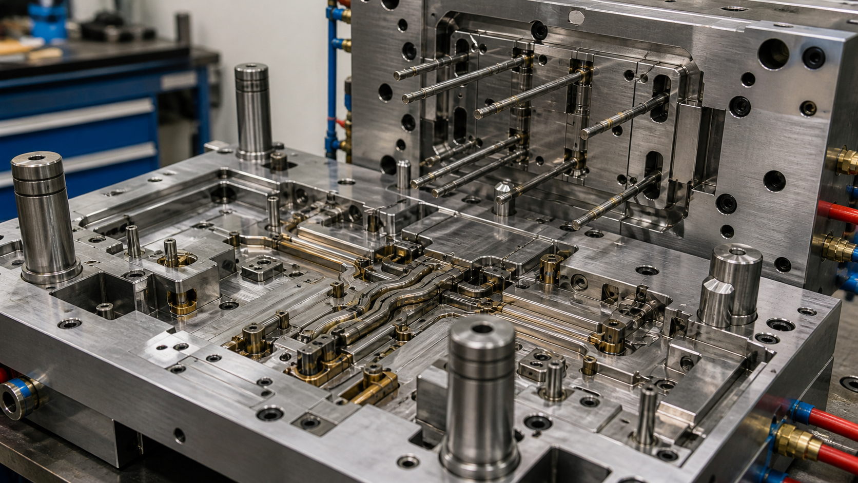 A detailed view of an injection mold showing complex gates, runners, and ejector pins being inspected.