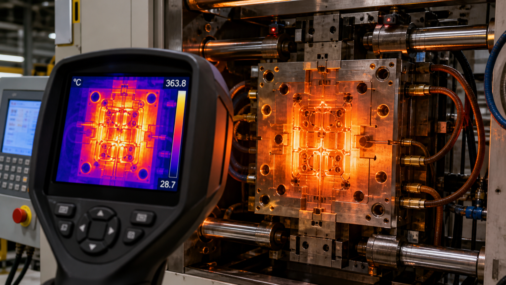 A thermal imaging camera showing extreme heat distribution across a high-temperature PEEK injection mold.