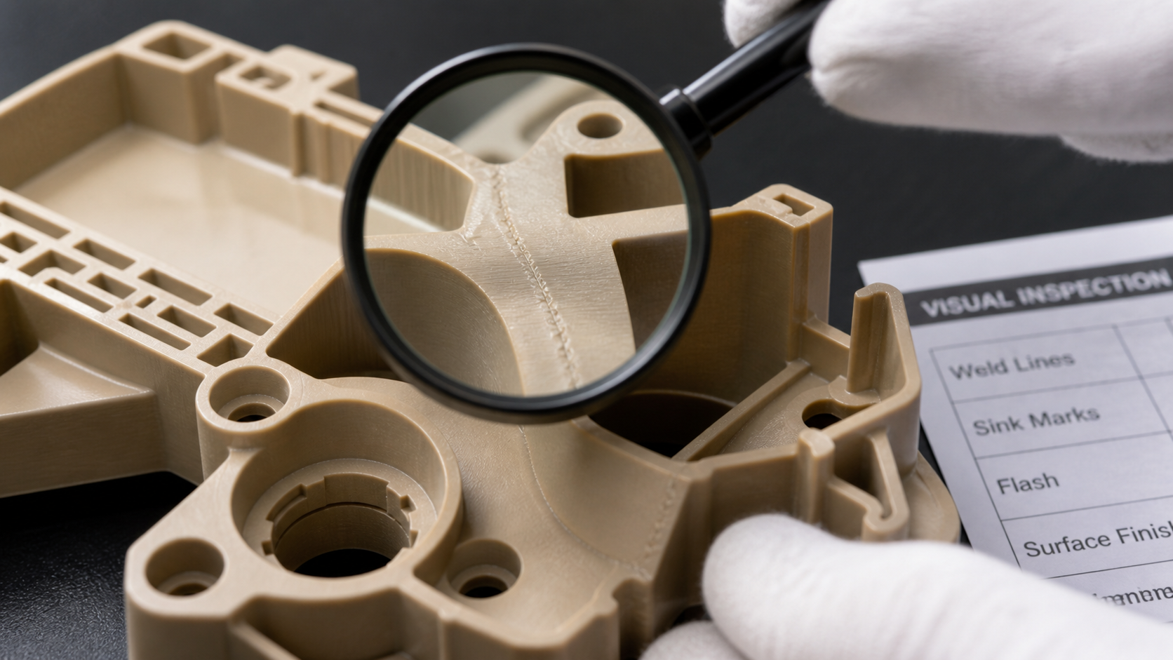 A close-up inspection of a complex tan PEEK part highlighting its critical weld lines and surface finish.