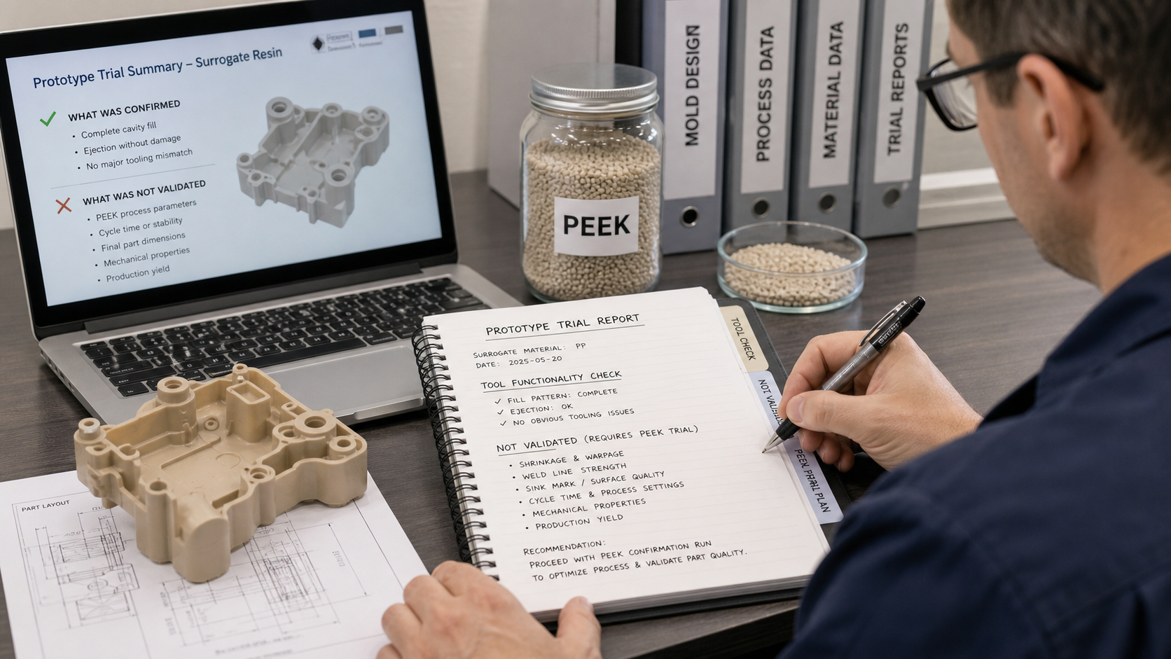 An engineer writing a detailed report with a surrogate part and PEEK granules on the desk.