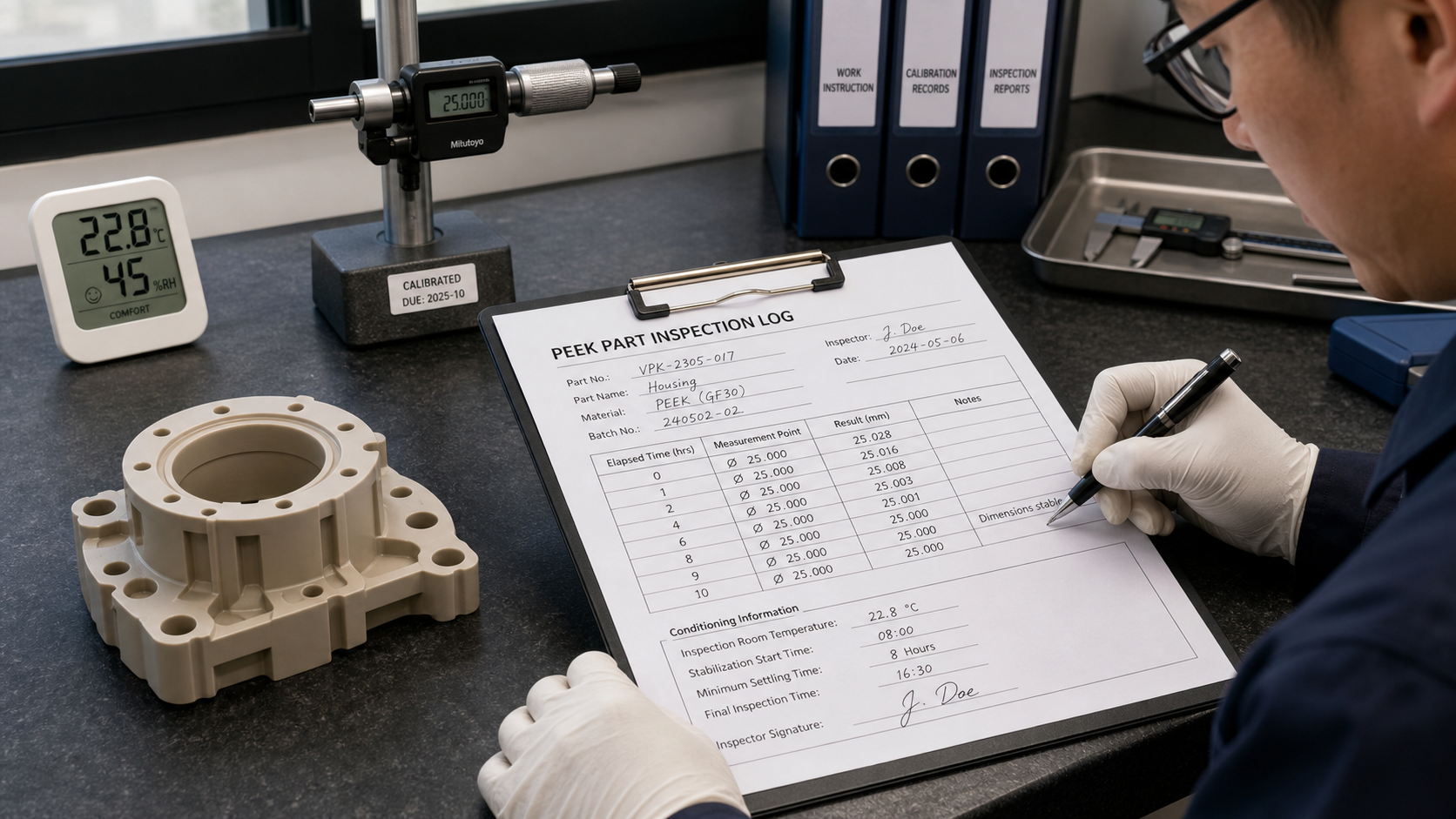 An inspector meticulously records measurement data onto a quality control log sheet next to a conditioned PEEK component.