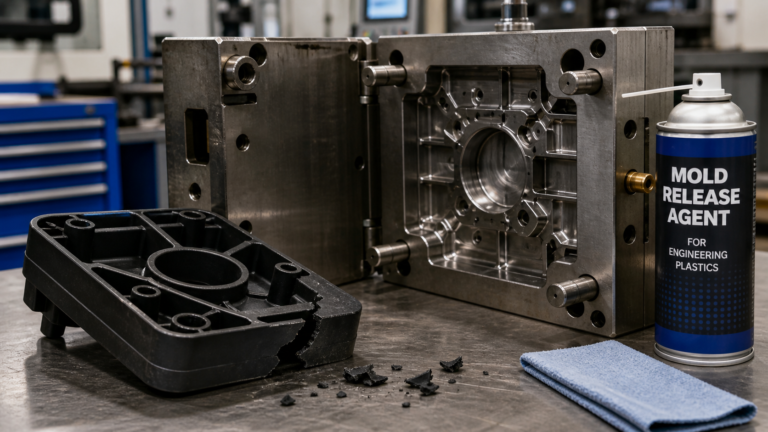 A cracked black PPS component lies beside an open injection mold cavity with a release spray can nearby