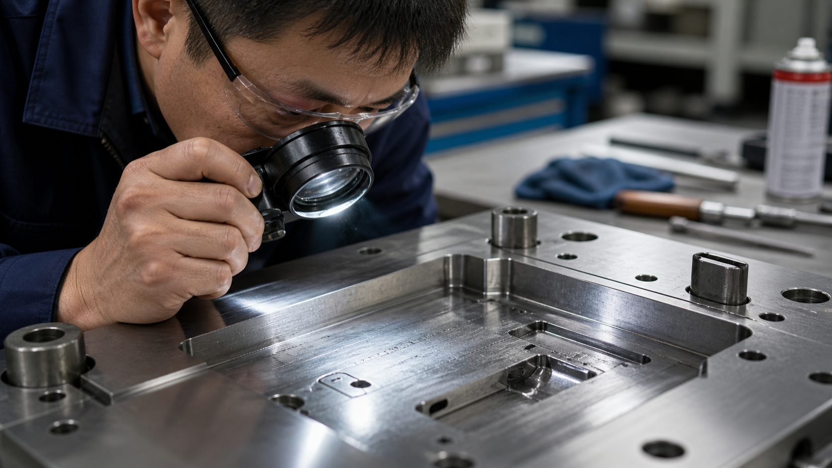 Differentiating Mold Surface Friction From Mechanical Issues An engineer inspects a mold's steel surface with a powerful loupe to identify micro-scratches