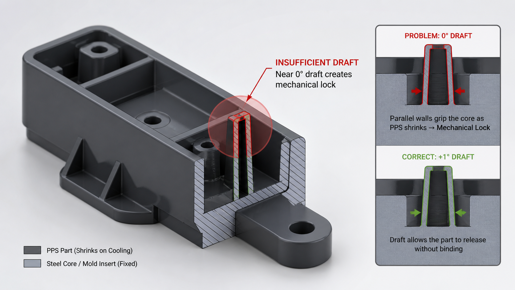 Identifying Mechanical Locks That Mold Release Cannot Fix A 3D CAD model highlights a part feature with insufficient draft angle causing a mechanical lock