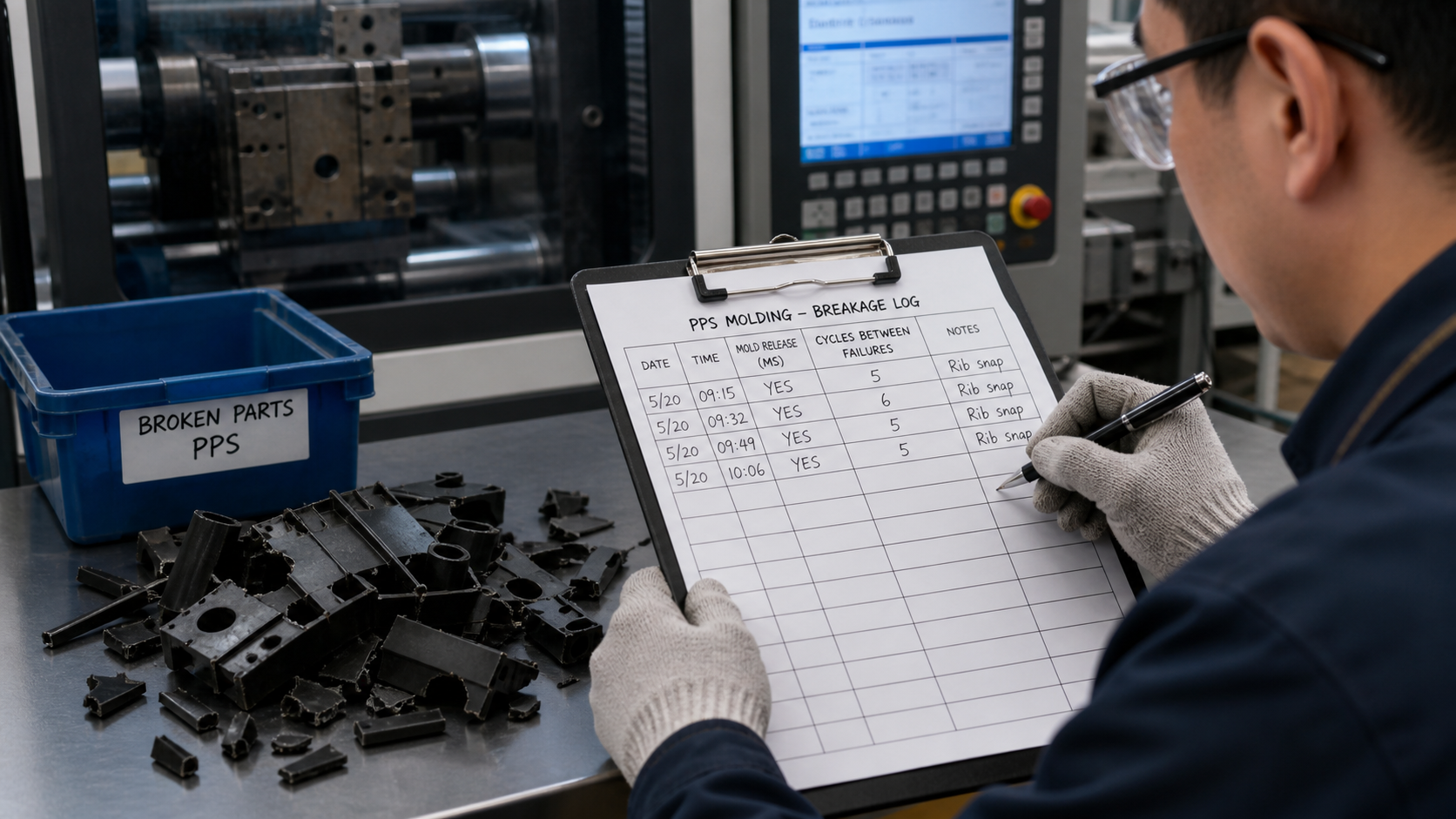 Tracking Part Breakage Over Repeated Molding Cycles A quality inspector records injection molding cycle data on a chart next to a pile of broken parts