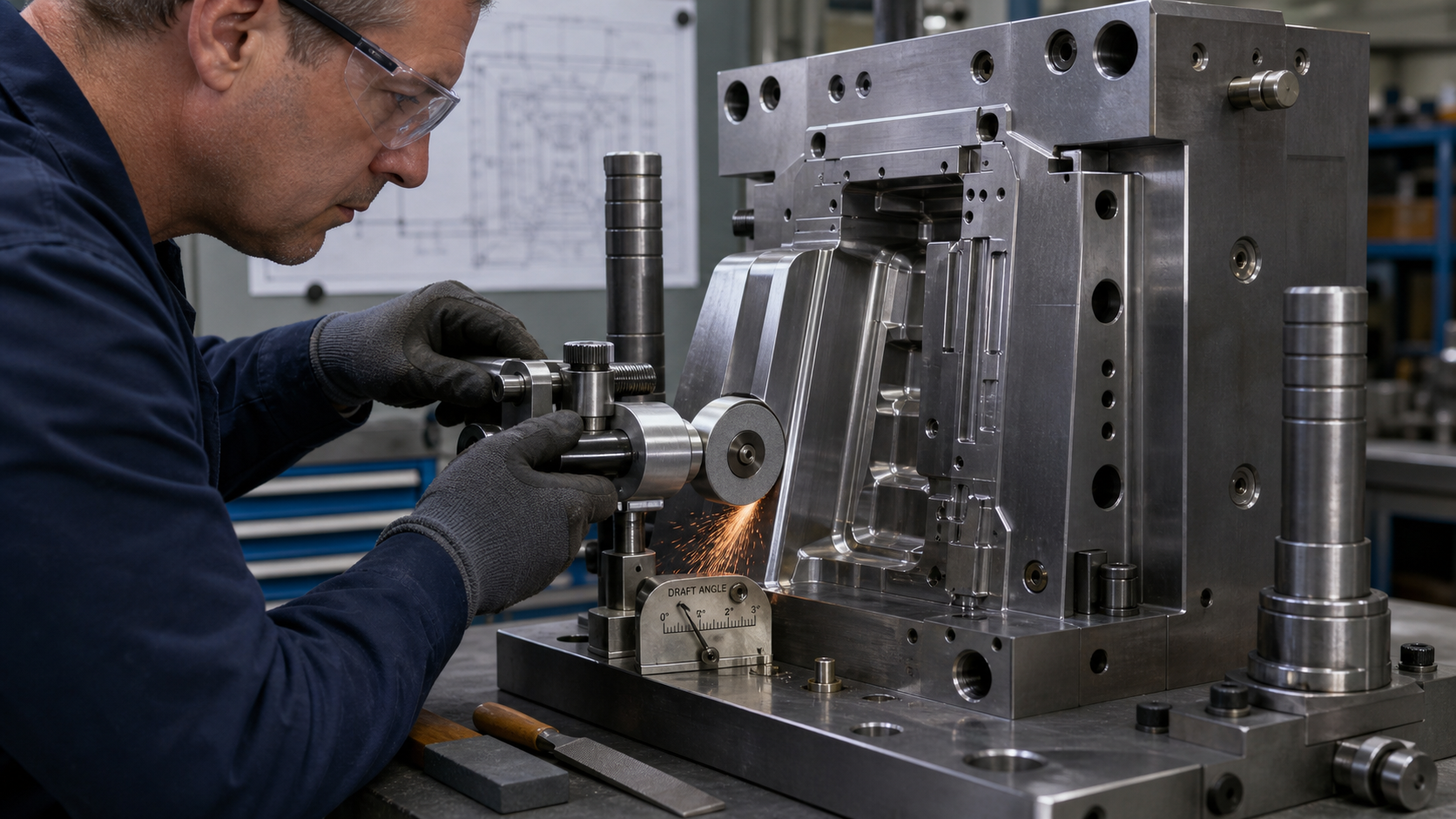 Implementing a Lasting Tool Correction Based on Evidence A skilled toolmaker uses a precision grinder to add a draft angle to a complex mold core