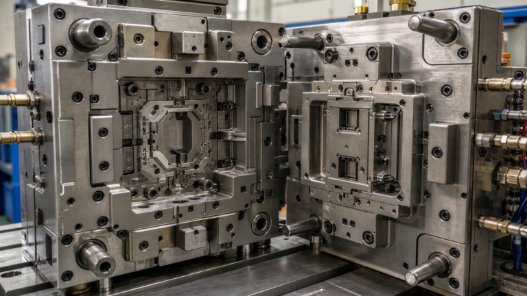 A close-up view of a complex injection mold half designed for a high-performance PEEK component.