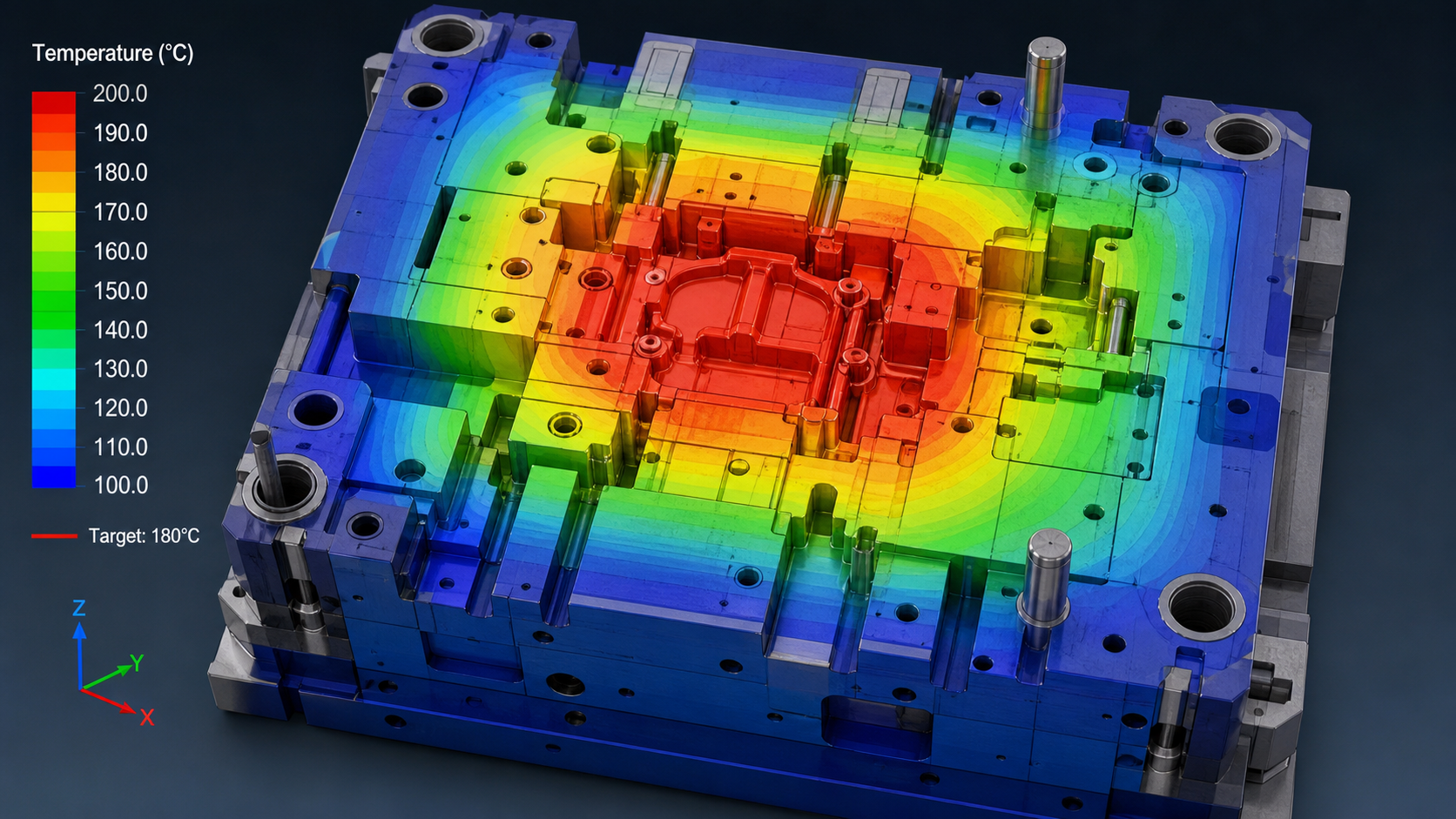Visualizing Heat Flow Paths in a Molding Tool A thermal analysis simulation showing heat distribution across a complex steel injection molding tool.