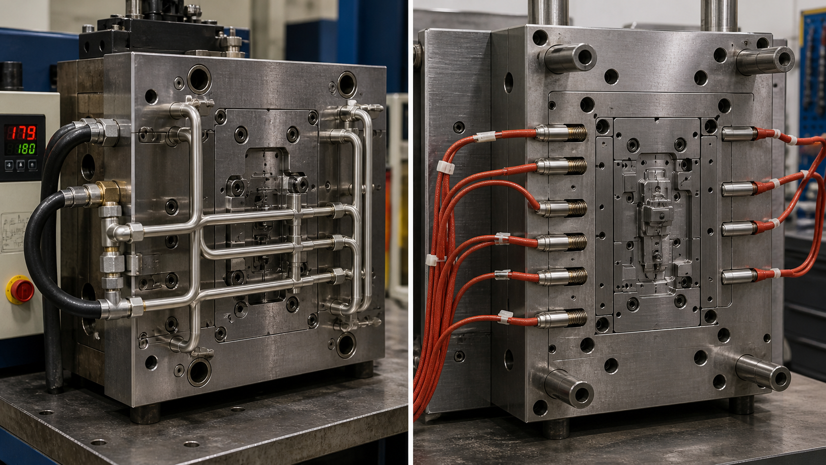 Comparing Two Different Mold Heating Technologies A split image showing a mold with external oil heating lines versus a mold with internal cartridge heaters installed.