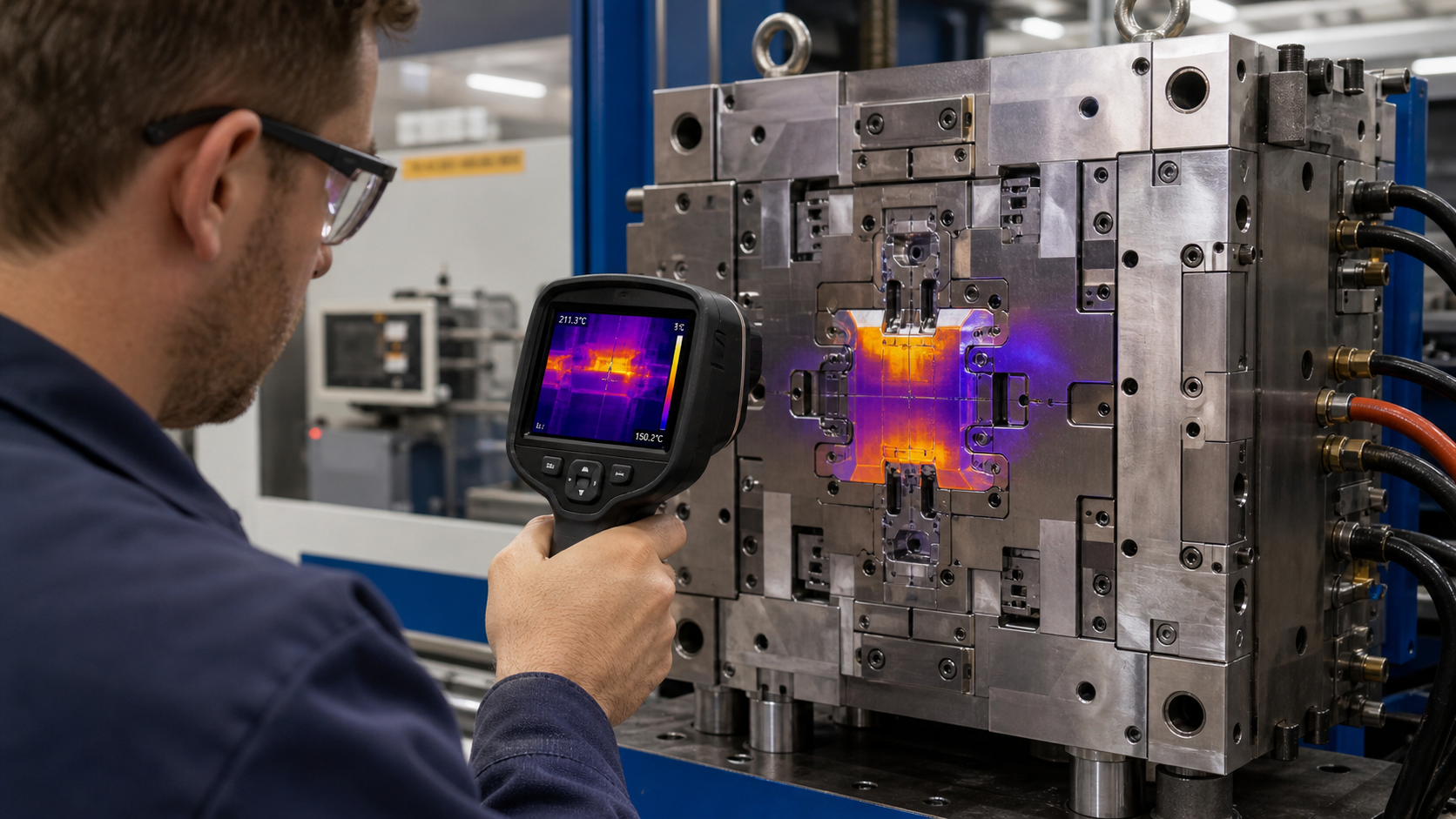 Detecting Cold Regions Before Expensive Resin Trials An engineer uses a handheld thermal imaging camera to identify cold spots on a hot PEEK mold surface.
